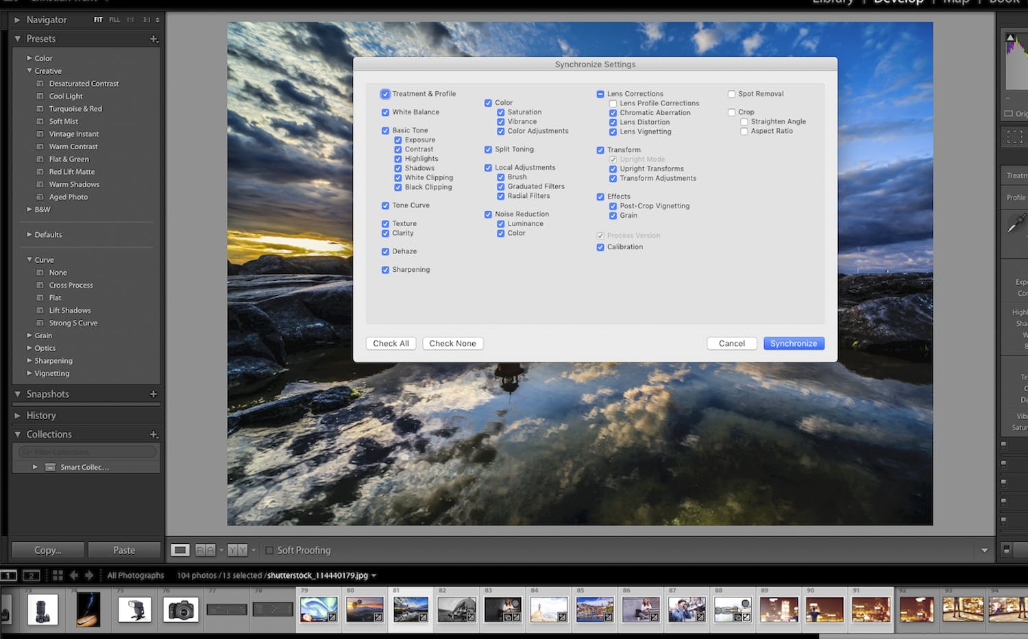 Justér flere fotos på samme tid i Lightroom.